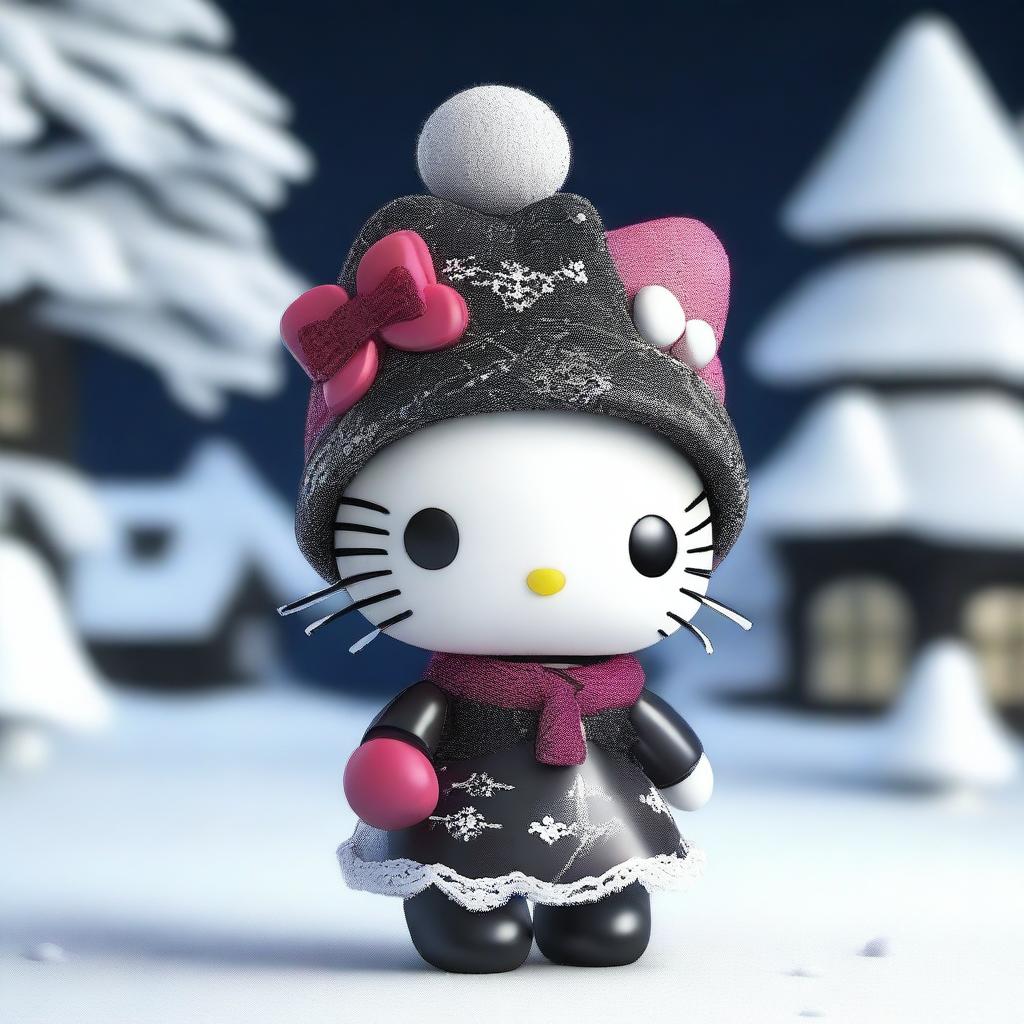 A top-quality 3D render of a Hello Kitty doll, situated in a snowy environment