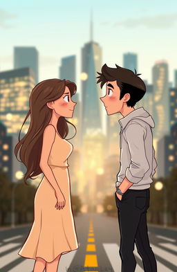 An illustration featuring two people, a woman and a man, standing at a crossroads, facing each other with expressions filled with hope and uncertainty