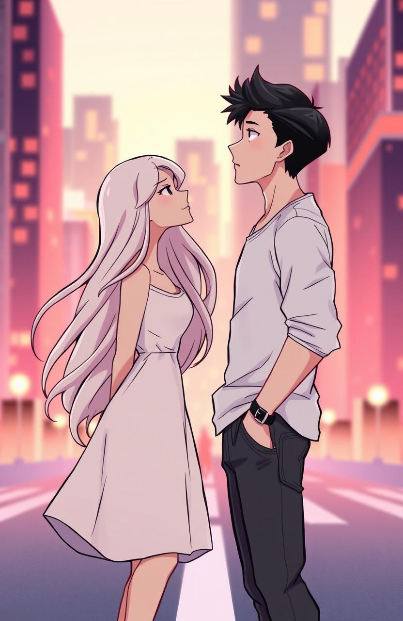 An illustration featuring two people, a woman and a man, standing at a crossroads, facing each other with expressions filled with hope and uncertainty