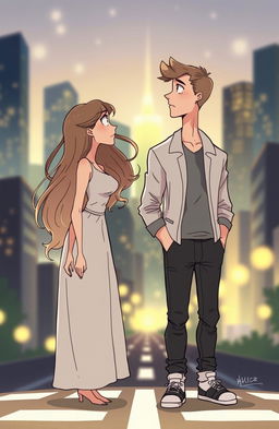 An illustration featuring two people, a woman and a man, standing at a crossroads, facing each other with expressions filled with hope and uncertainty
