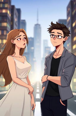 An illustration featuring two people, a woman and a man, standing at a crossroads, facing each other with expressions filled with hope and uncertainty