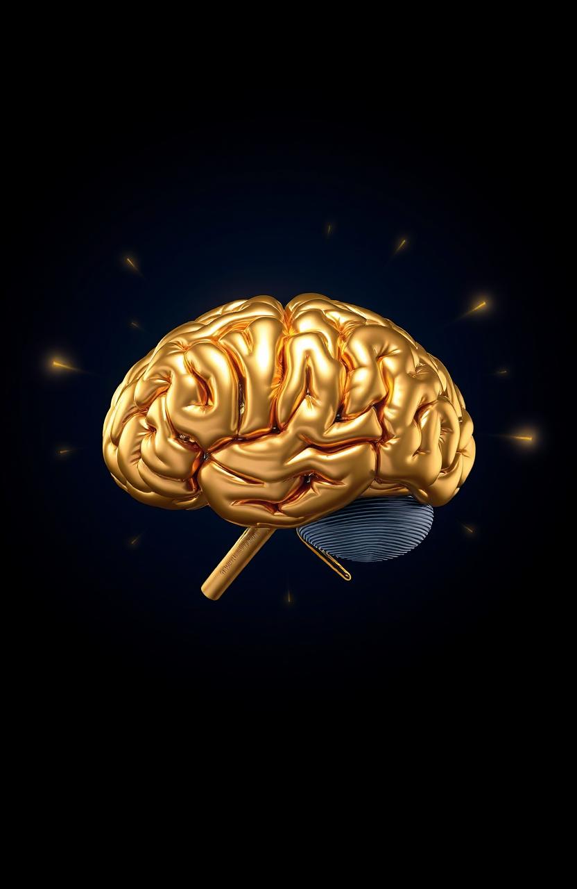 A stunning golden brain surrounded by a radiant halo, set against a deep dark blue background