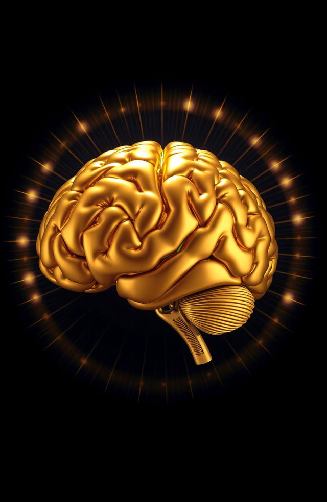 A stunning golden brain surrounded by a radiant halo, set against a deep dark blue background