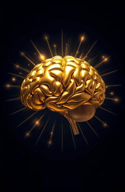 A stunning golden brain surrounded by a radiant halo, set against a deep dark blue background