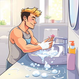 A vibrant and detailed illustration of a person washing their hands at a modern sink