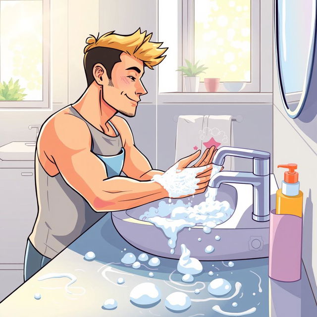 A vibrant and detailed illustration of a person washing their hands at a modern sink