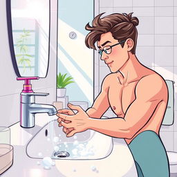 A vibrant and detailed illustration of a person washing their hands at a modern sink