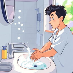 A vibrant and detailed illustration of a person washing their hands at a modern sink