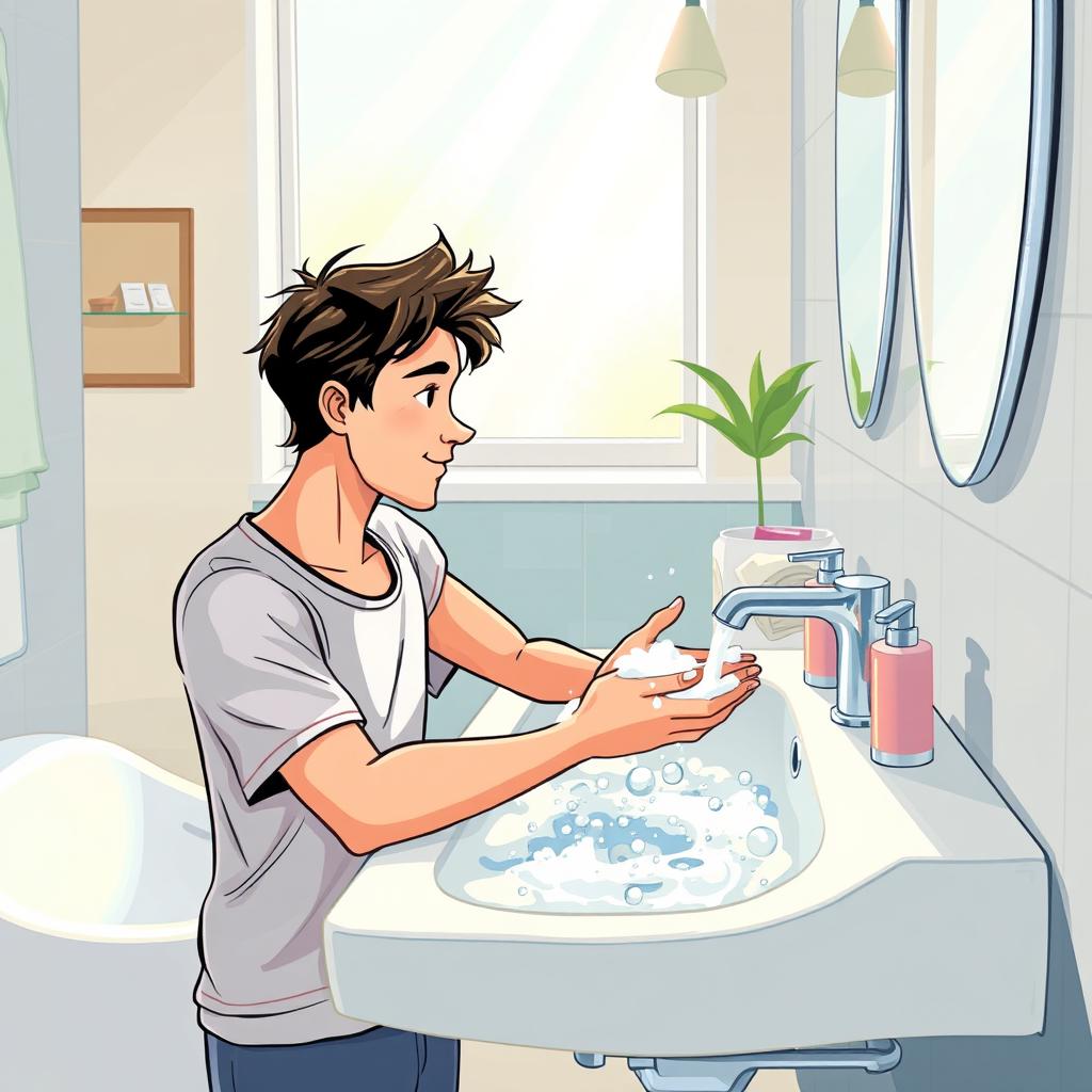 A vibrant and detailed illustration of a person washing their hands at a modern sink