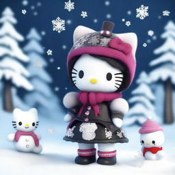 A high-resolution 3D render of a Hello Kitty doll placed in a snowy setting