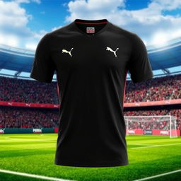 A stylish black football jersey featuring the iconic Puma logo prominently displayed on the chest