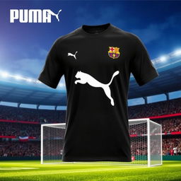 A stylish black football jersey featuring the iconic Puma logo prominently displayed on the chest