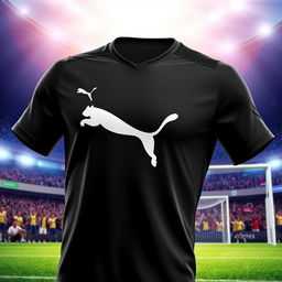 A stylish black football jersey featuring the iconic Puma logo prominently displayed on the chest