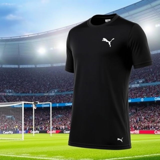 A stylish black football jersey featuring the iconic Puma logo prominently displayed on the chest