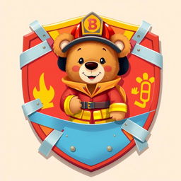 A whimsical 2D illustration featuring a cute teddy bear dressed in bright firefighter gear, complete with a helmet and a little fireman jacket