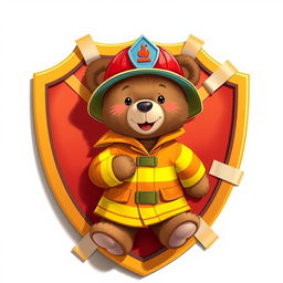A whimsical 2D illustration featuring a cute teddy bear dressed in bright firefighter gear, complete with a helmet and a little fireman jacket
