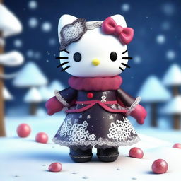 A high-resolution 3D render of a Hello Kitty doll placed in a snowy setting