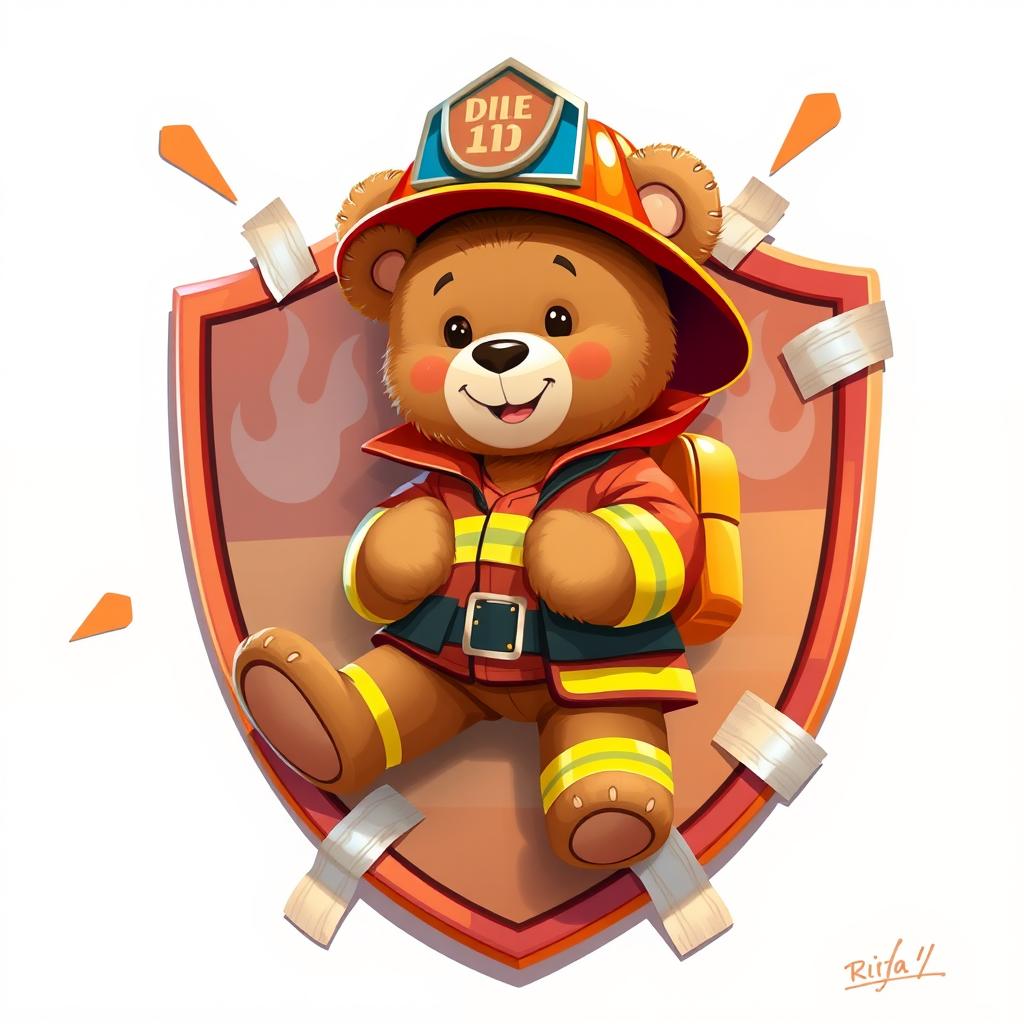 A whimsical 2D illustration featuring a cute teddy bear dressed in bright firefighter gear, complete with a helmet and a little fireman jacket