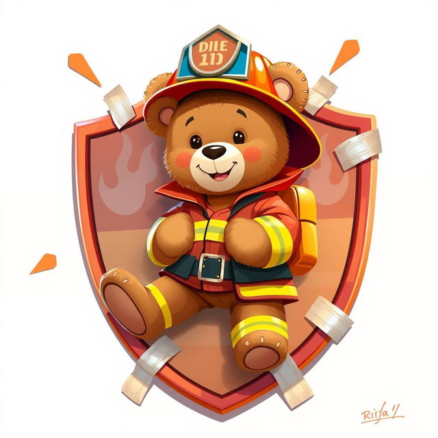 A whimsical 2D illustration featuring a cute teddy bear dressed in bright firefighter gear, complete with a helmet and a little fireman jacket