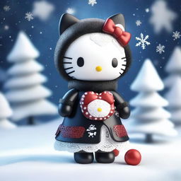 A high-resolution 3D render of a Hello Kitty doll placed in a snowy setting