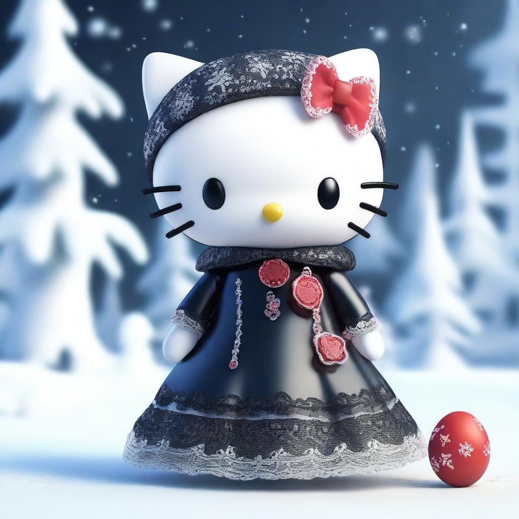 A high-resolution 3D render of a Hello Kitty doll placed in a snowy setting