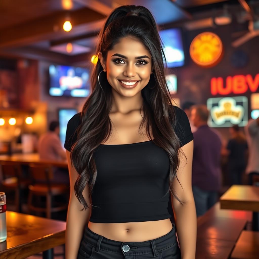 A beautiful Indian woman with long hair styled in a ponytail, displaying a radiant smile and captivating eyes