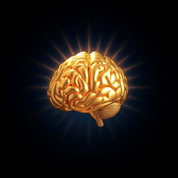 A captivating golden brain illuminated by a radiant halo, perfectly positioned against a rich dark blue background