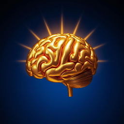 A captivating golden brain illuminated by a radiant halo, perfectly positioned against a rich dark blue background
