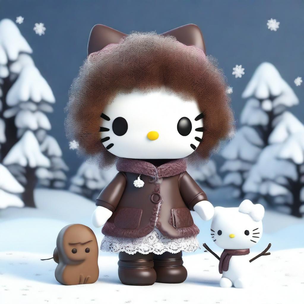 A high-quality 3D render of a Hello Kitty doll with brown fur and a voluminous afro