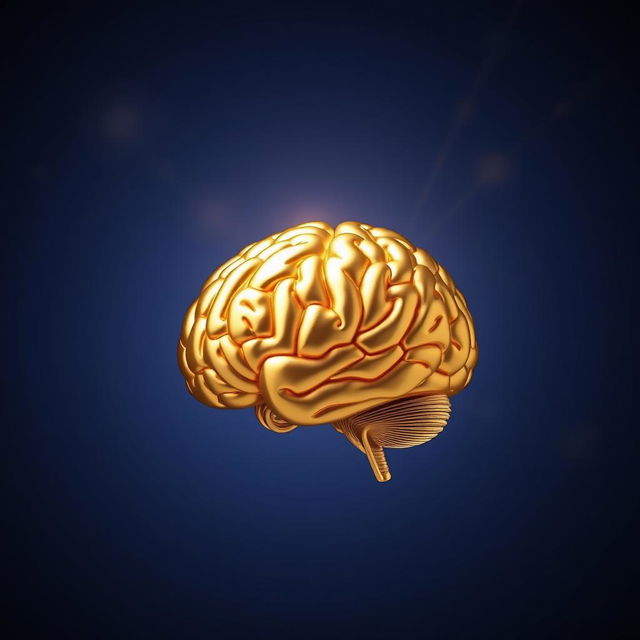 A captivating golden brain illuminated by a radiant halo, perfectly positioned against a rich dark blue background