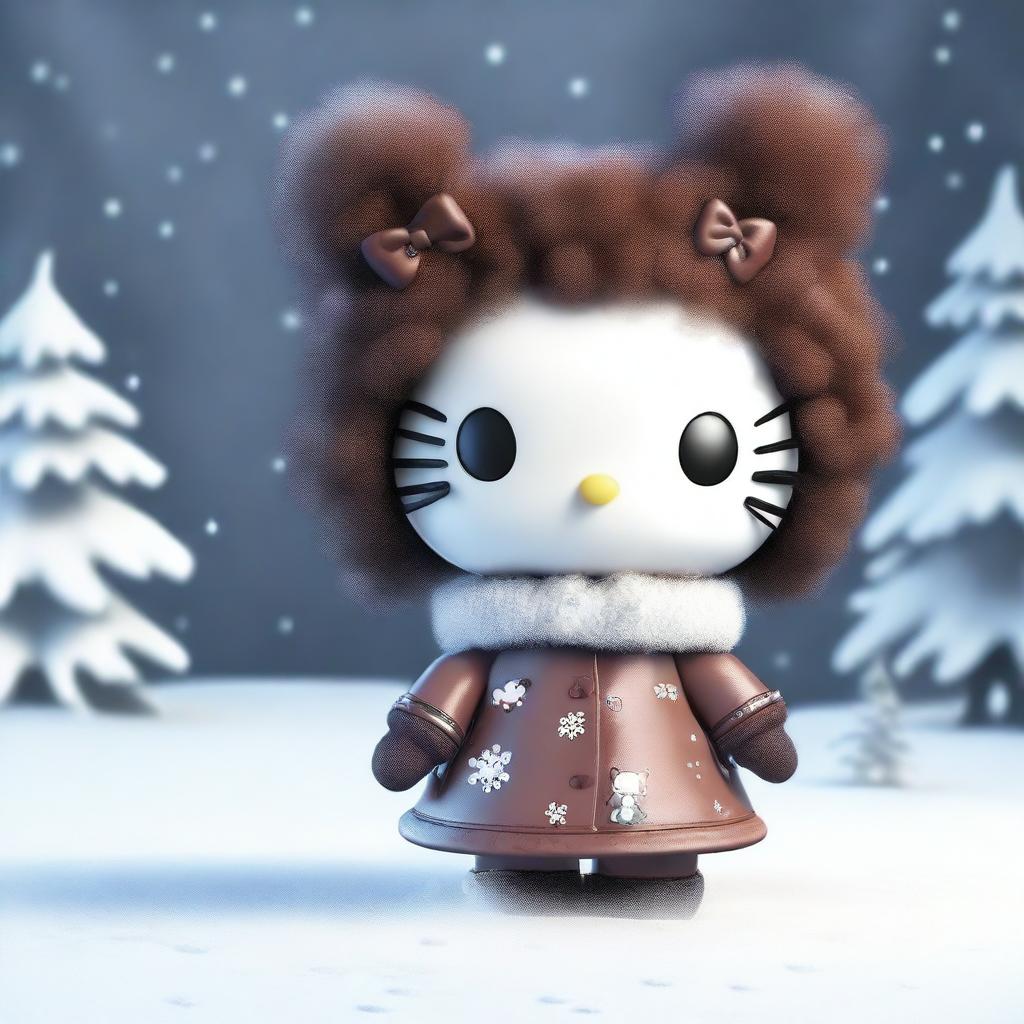 A high-quality 3D render of a Hello Kitty doll with brown fur and a voluminous afro