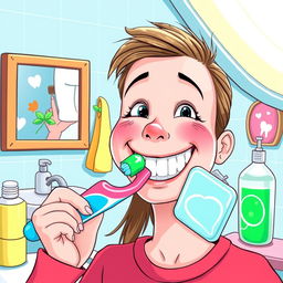 A detailed illustration of oral hygiene and dental care practices, featuring a smiling person brushing their teeth with a colorful toothbrush and minty toothpaste