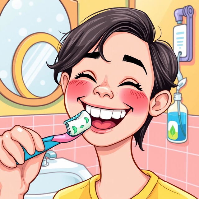 A detailed illustration of oral hygiene and dental care practices, featuring a smiling person brushing their teeth with a colorful toothbrush and minty toothpaste