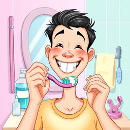 A detailed illustration of oral hygiene and dental care practices, featuring a smiling person brushing their teeth with a colorful toothbrush and minty toothpaste