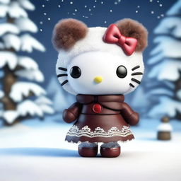 A high-quality 3D render of a Hello Kitty doll with brown fur and a voluminous afro