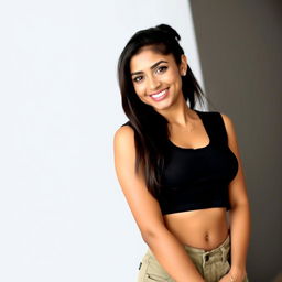 A beautiful Indian woman with long hair styled in a ponytail, displaying a warm smile and captivating eyes
