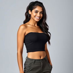 A beautiful Indian woman with long hair styled in a ponytail, displaying a warm smile and captivating eyes