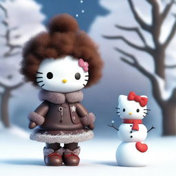 A high-quality 3D render of a Hello Kitty doll with brown fur and a voluminous afro