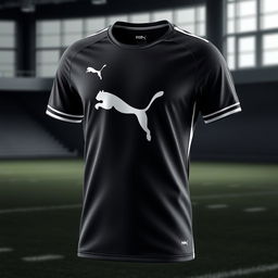 A sleek and stylish black Puma football jersey, featuring the iconic Puma logo prominently displayed on the chest