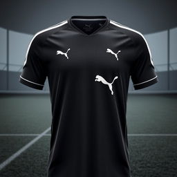A sleek and stylish black Puma football jersey, featuring the iconic Puma logo prominently displayed on the chest