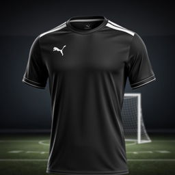 A sleek and stylish black Puma football jersey, featuring the iconic Puma logo prominently displayed on the chest