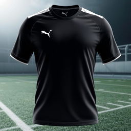 A sleek and stylish black Puma football jersey, featuring the iconic Puma logo prominently displayed on the chest