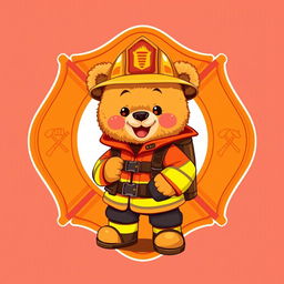 A charming 2D illustration featuring a fluffy teddy bear dressed in full firefighter gear, complete with a helmet, reflective jacket, and boots