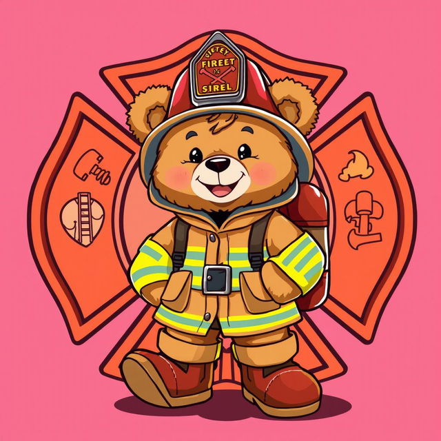 A charming 2D illustration featuring a fluffy teddy bear dressed in full firefighter gear, complete with a helmet, reflective jacket, and boots