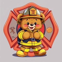 A charming 2D illustration featuring a fluffy teddy bear dressed in full firefighter gear, complete with a helmet, reflective jacket, and boots