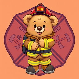 A charming 2D illustration featuring a fluffy teddy bear dressed in full firefighter gear, complete with a helmet, reflective jacket, and boots