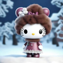 A high-quality 3D render of a Hello Kitty doll with brown fur, sporting an afro