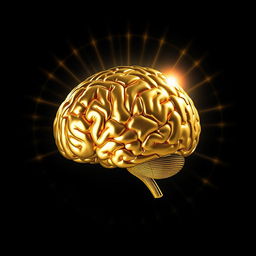 A mesmerizing golden brain surrounded by a radiant halo, elegantly positioned against a deep dark blue background