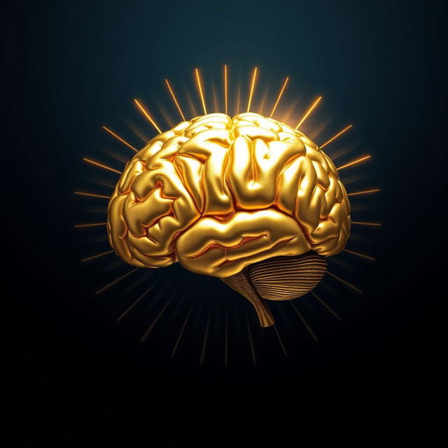 A mesmerizing golden brain surrounded by a radiant halo, elegantly positioned against a deep dark blue background