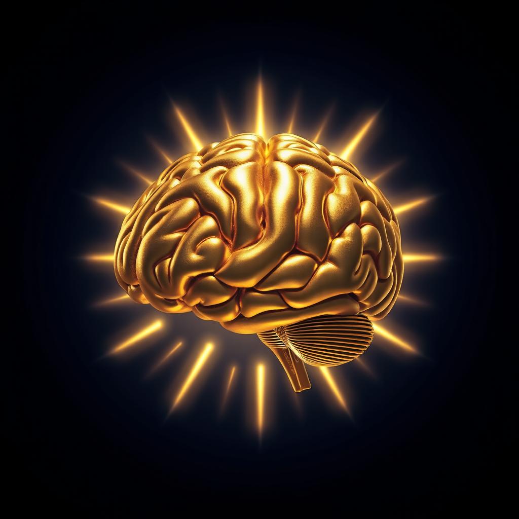 A mesmerizing golden brain surrounded by a radiant halo, elegantly positioned against a deep dark blue background